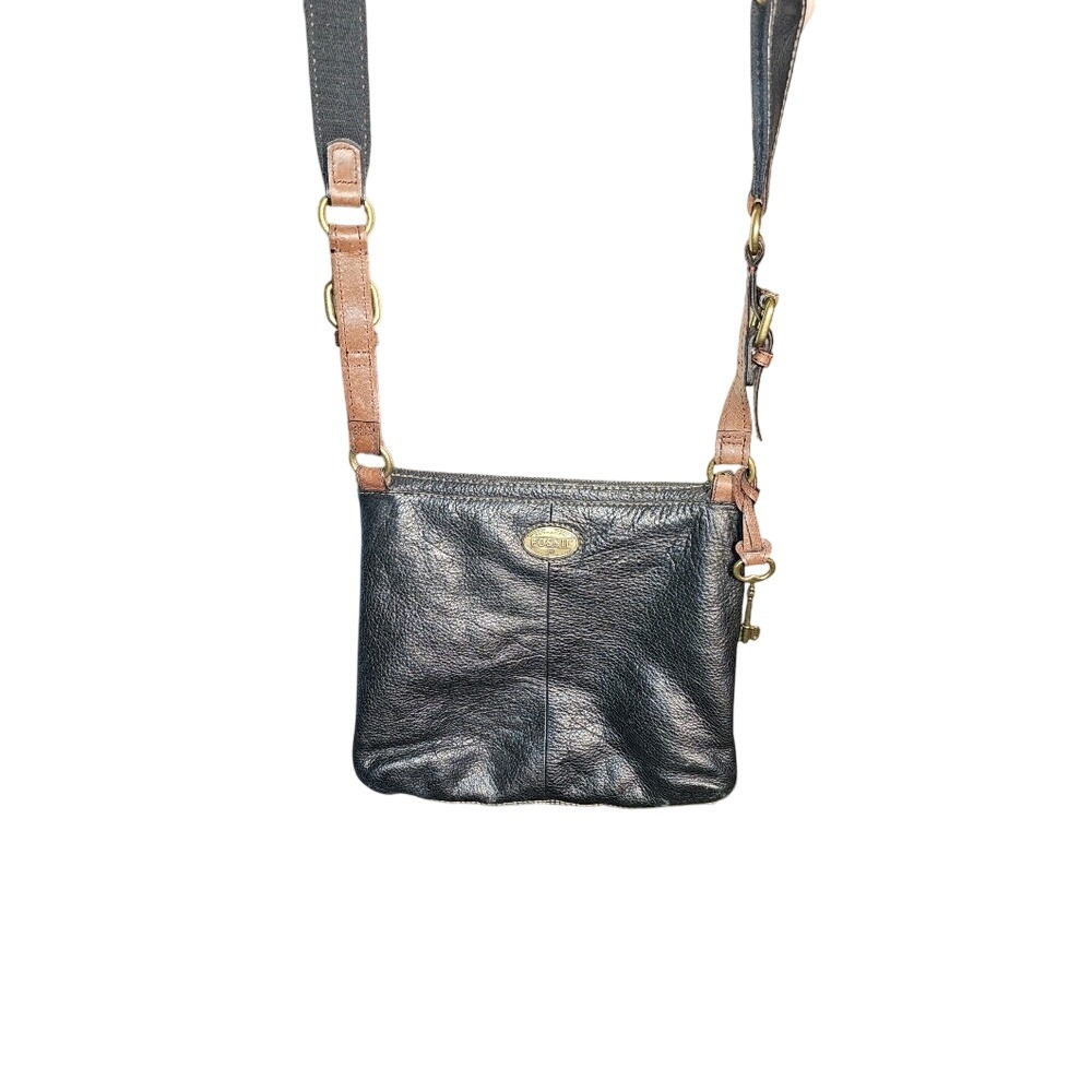 Vintage Fossil Black Pebbled Leather Explorer Triple Zip Black Crossbody Bag - Picture 8 of 13